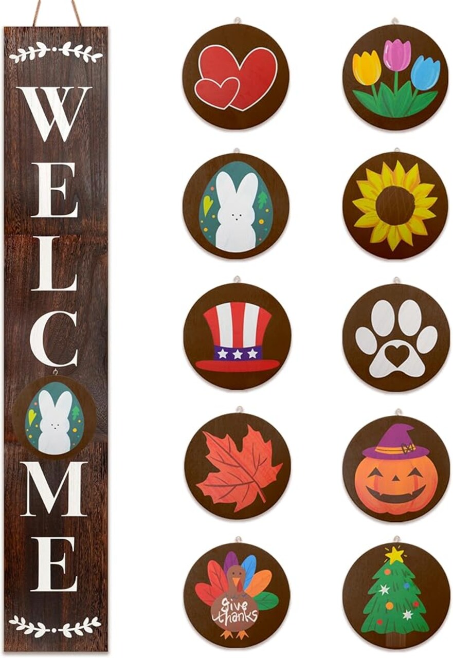 Welcome Sign for Front Porch Standing, Interchangeable Welcome Standing Sign with 5 Designed DoubleSided Icons for Front Door, All Seasonal Farmhouse Rustic Modern Porch Decor for Fall